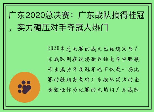 广东2020总决赛：广东战队摘得桂冠，实力碾压对手夺冠大热门