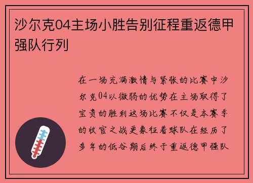 沙尔克04主场小胜告别征程重返德甲强队行列