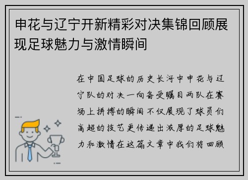 申花与辽宁开新精彩对决集锦回顾展现足球魅力与激情瞬间