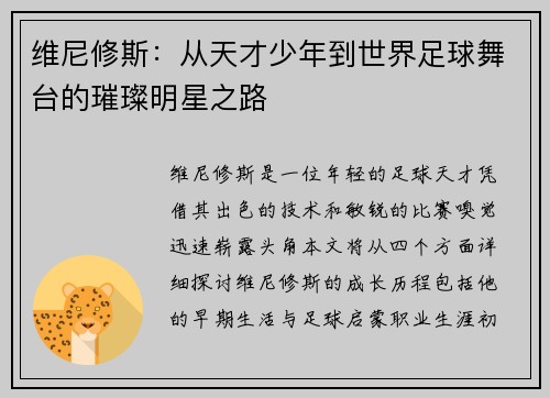 维尼修斯：从天才少年到世界足球舞台的璀璨明星之路